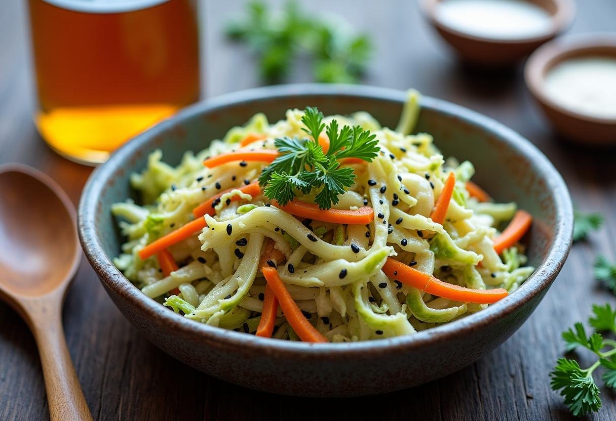 Fresh apple cider vinegar coleslaw with shredded Brussels sprouts, green cabbage, and carrots in a tangy dressing, garnished with black sesame seeds and parsley. Served in a rustic bowl with apple cider vinegar bottle and wooden spoon on a wooden table, natural daylight highlighting crisp textures. Healthy homemade slaw recipe.