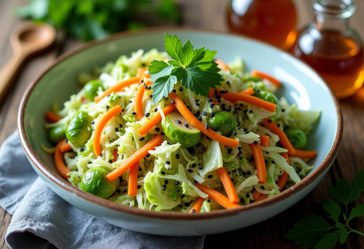Crisp apple cider vinegar coleslaw with shredded Brussels sprouts, green cabbage, and carrots in a tangy dressing, garnished with black sesame seeds and fresh parsley. Healthy homemade slaw recipe with raw Brussels sprouts, served in a rustic bowl with apple cider vinegar bottle on wooden table. Fresh, vibrant low-carb coleslaw alternative perfect for picnics and BBQs.