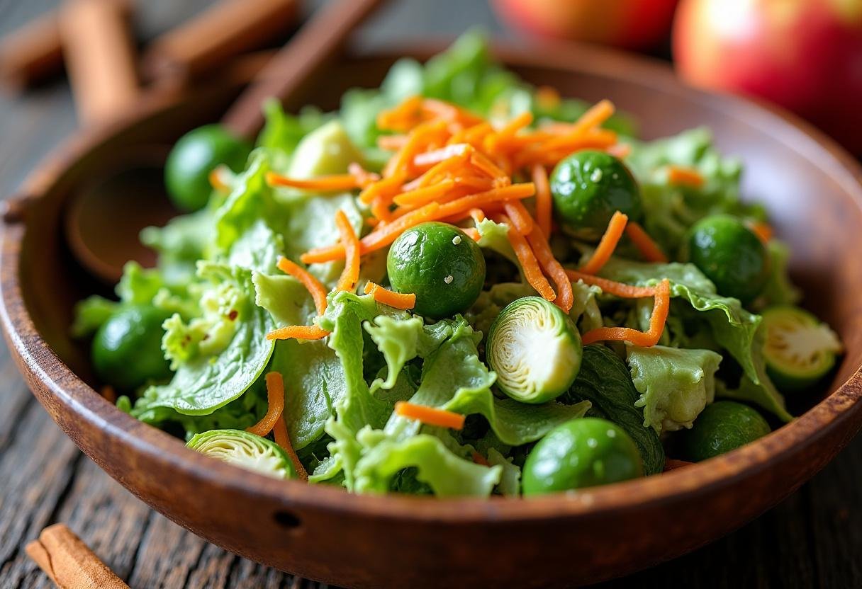 Close-up of homemade apple cider vinegar coleslaw in a wooden bowl featuring shredded Brussels sprouts, green cabbage, and carrots tossed in a glossy golden-brown dressing with a rustic wooden spoon resting beside it, natural lighting highlighting fresh textures with subtle autumn elements like cinnamon sticks in the background.