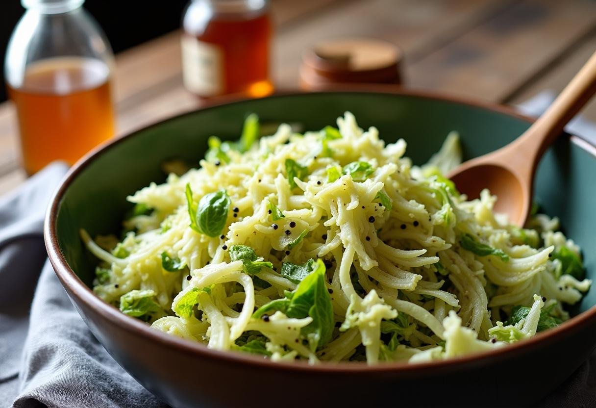 Close-up of apple cider vinegar coleslaw with shredded Brussels sprouts and green cabbage in a mixing bowl, glistening with golden-brown dressing. Wooden spoon mid-stir, fresh crunchy texture, black pepper visible. Rustic background with apple cider vinegar bottle and honey jar on wooden countertop. Warm natural lighting highlights vibrant homemade dish.
