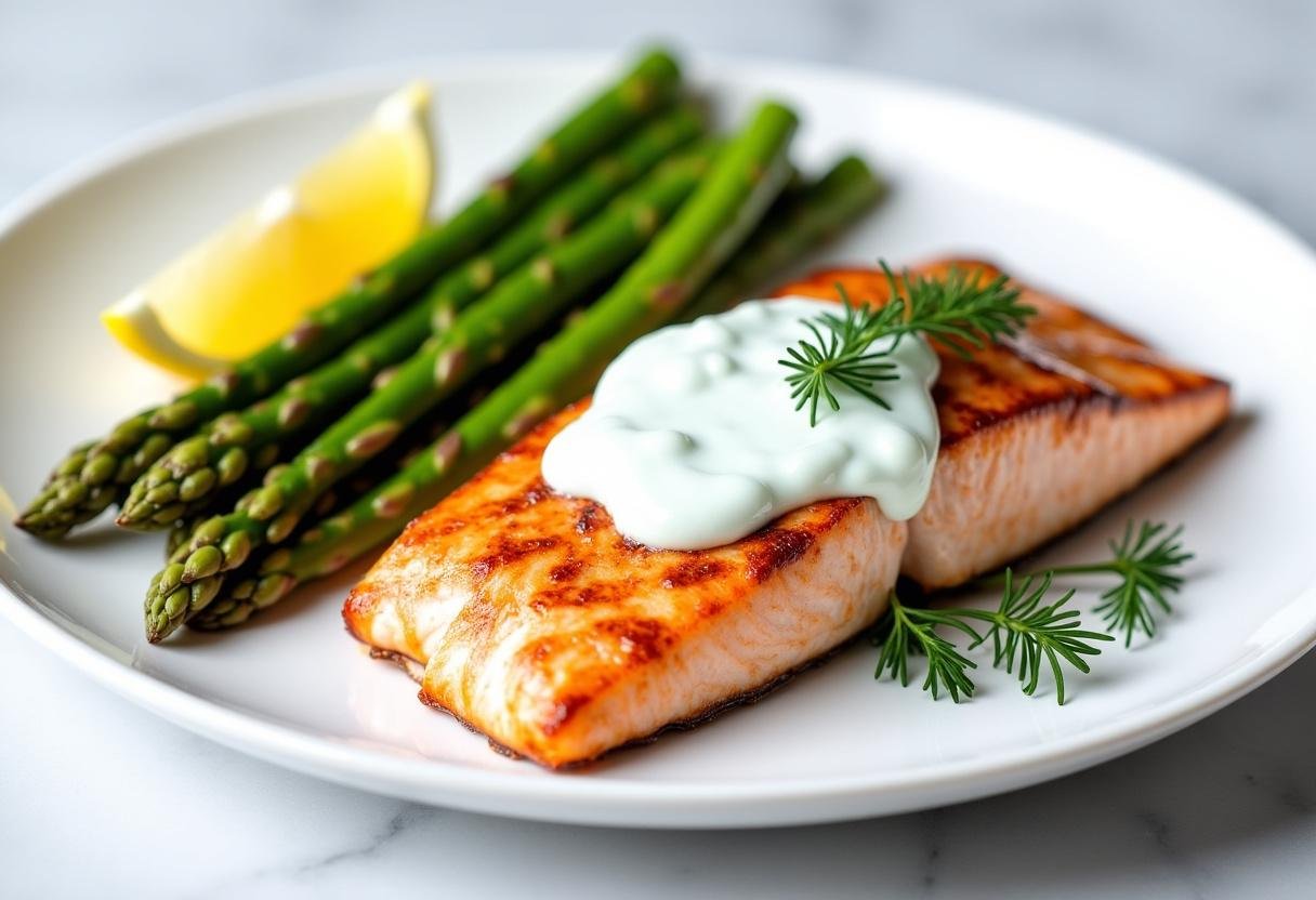 Perfectly baked salmon fillet with crispy skin topped with creamy dill yogurt sauce, served with tender steamed asparagus on a white plate. Garnished with fresh dill and lemon wedge for a fresh, elegant meal. Healthy, easy baked salmon recipe with dill yogurt sauce and asparagus side dish.