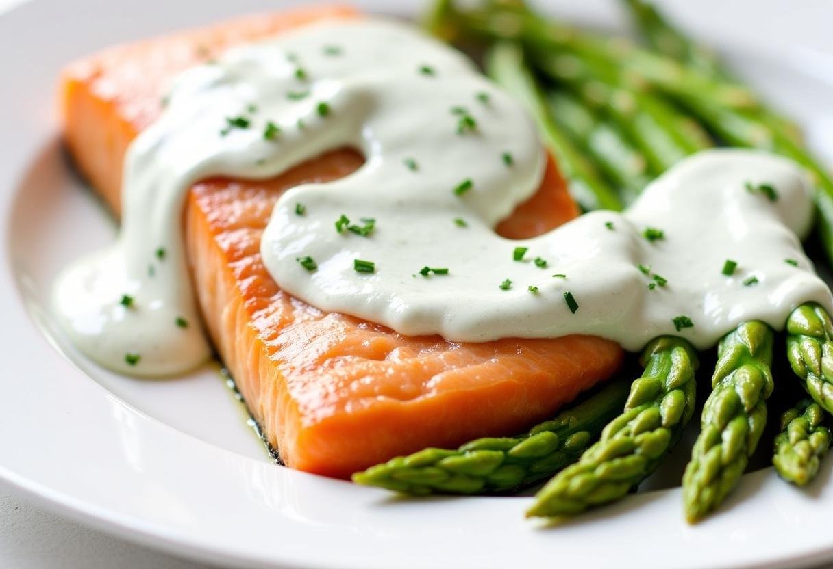 Perfectly baked salmon fillet with crispy skin topped with creamy dill yogurt sauce, served with tender steamed asparagus on a white plate. Garnished with fresh dill and lemon wedge for a fresh, elegant meal. Healthy, easy baked salmon recipe with dill yogurt sauce and asparagus side dish.