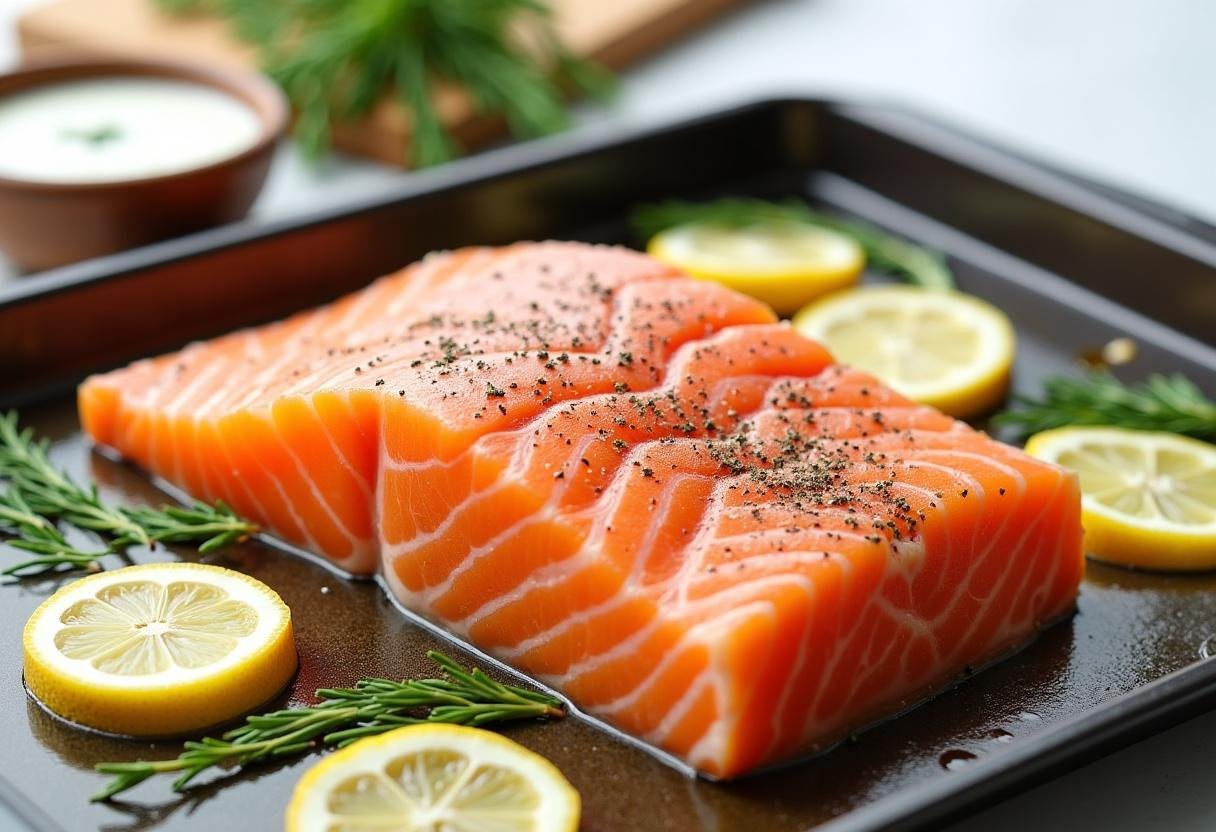 Fresh baked salmon fillet seasoned with salt and pepper on a baking sheet with lemon slices, glazed with olive oil and garnished with fresh dill sprigs. Served with creamy dill yogurt sauce and steamed asparagus on a wooden cutting board in a bright, clean kitchen setting. Healthy, easy baked salmon recipe with vibrant ingredients.