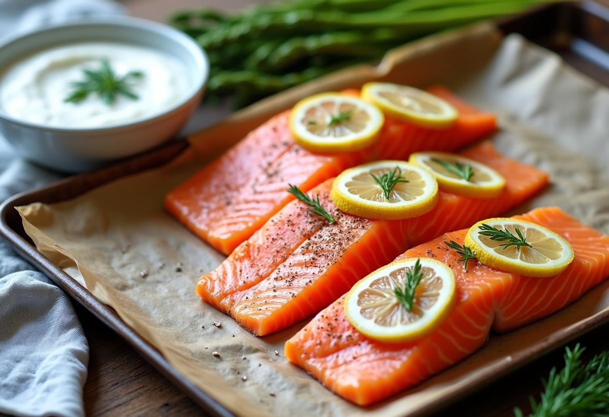 Fresh baked salmon fillets seasoned with salt, pepper and lemon slices on parchment paper, served with creamy dill yogurt sauce and fresh asparagus. Homemade healthy dinner idea with rustic wooden background and soft natural lighting. Easy baked salmon recipe with dill yogurt sauce for a nutritious meal.