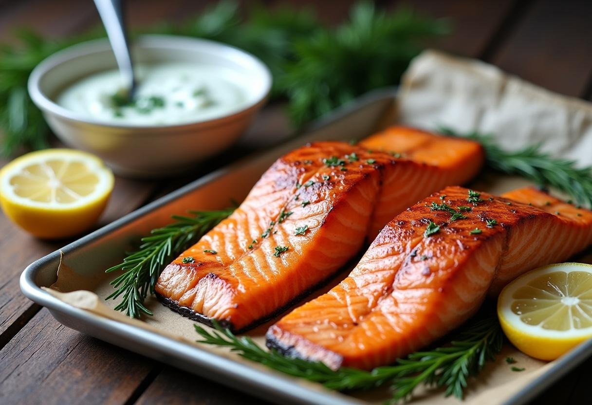 Golden brown baked salmon fillets with crispy skin on a baking tray with lemon slices and fresh dill, topped with a creamy homemade dill yogurt sauce. Steamed asparagus and rustic wooden table setting create a healthy, flavorful meal perfect for weeknight dinners or special occasions. Easy baked salmon recipe with fresh herbs and tangy yogurt sauce.