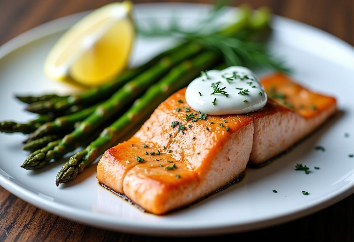 Perfectly baked salmon fillet with golden crust topped with creamy dill yogurt sauce, served with fresh steamed asparagus on white plate, garnished with dill sprigs and lemon wedge, rustic food photography style.