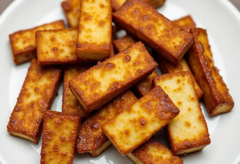 Oven-baked crispy tofu with soy-ginger glaze on a white plate, golden brown tofu pieces drizzled with a sticky glaze, garnished with sesame seeds and green onions. Rustic wooden table background, soft natural lighting, high-quality food photography of this easy vegan tofu recipe.