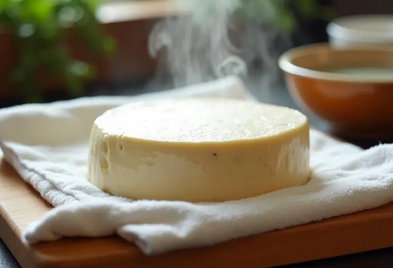 Close-up of fresh tofu pressed between clean kitchen towels on wooden cutting board for oven-baked crispy tofu recipe, with bowl of water nearby, showing realistic texture in natural kitchen lighting with steam rising for authentic Asian-inspired soy-ginger glaze dish preparation.