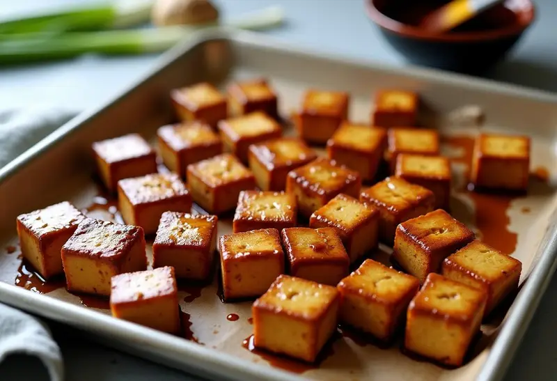 Golden-brown crispy tofu cubes on a baking sheet glazed with glossy soy-ginger sauce, showing caramelized exterior and tender interior. Small bowl of dark aromatic glaze with basting brush nearby, fresh ginger and green onions garnish in background. Homemade oven-baked tofu recipe with inviting steam rising from crispy pieces.