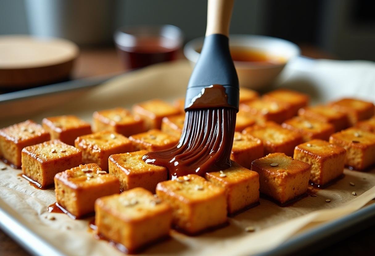 Golden-brown crispy tofu cubes brushed with glossy soy-ginger glaze on a baking sheet, showing sticky texture and sesame seeds. Close-up of oven-baked tofu recipe with amber glaze in bowl and silicone brush, steam rising from freshly cooked tofu in home kitchen setting.