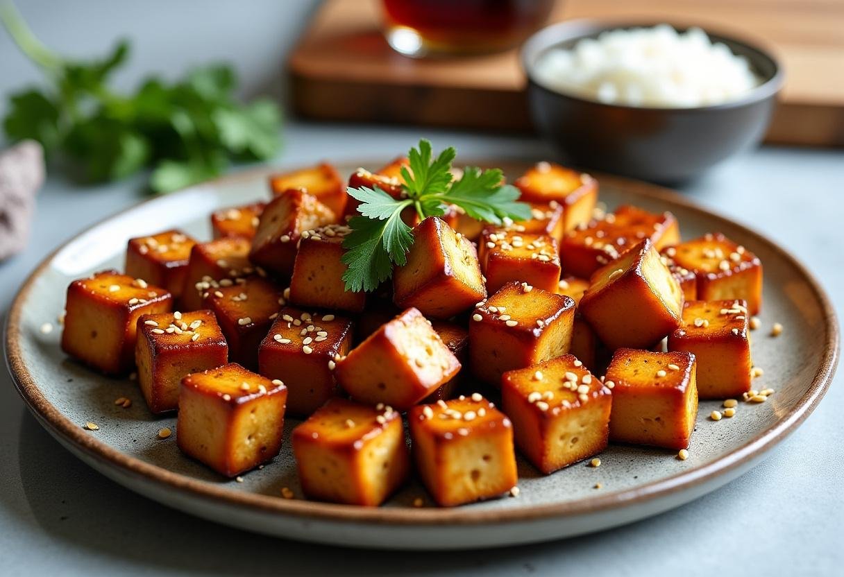 Golden-brown crispy oven-baked tofu cubes with sticky soy-ginger glaze on a rustic ceramic plate, garnished with sesame seeds and fresh cilantro. Caramelized glaze with minced ginger, crispy tofu edges, and glossy sheen. Steamed jasmine rice in background. Warm, inviting, perfectly cooked tofu recipe for a healthy, flavorful meal.