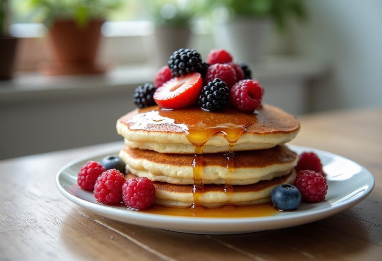 Delicious almond flour pancakes served with berries and maple syrup, ideal for a wholesome breakfast.