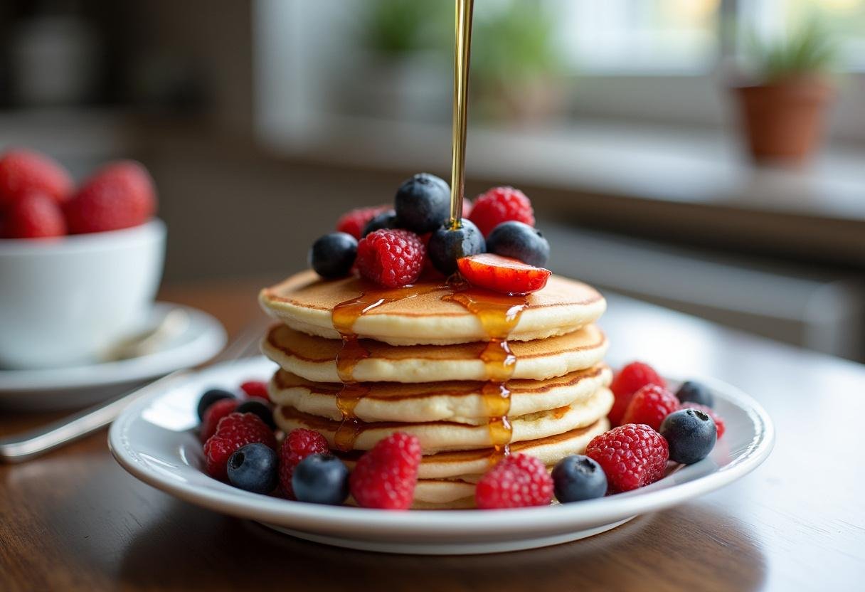 Delicious almond flour pancakes served with berries and maple syrup, ideal for a wholesome breakfast.