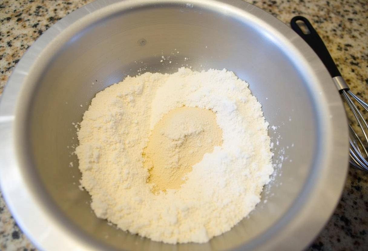 Ingredients for almond flour pancakes including almond flour, baking powder, and salt ready for mixing.
