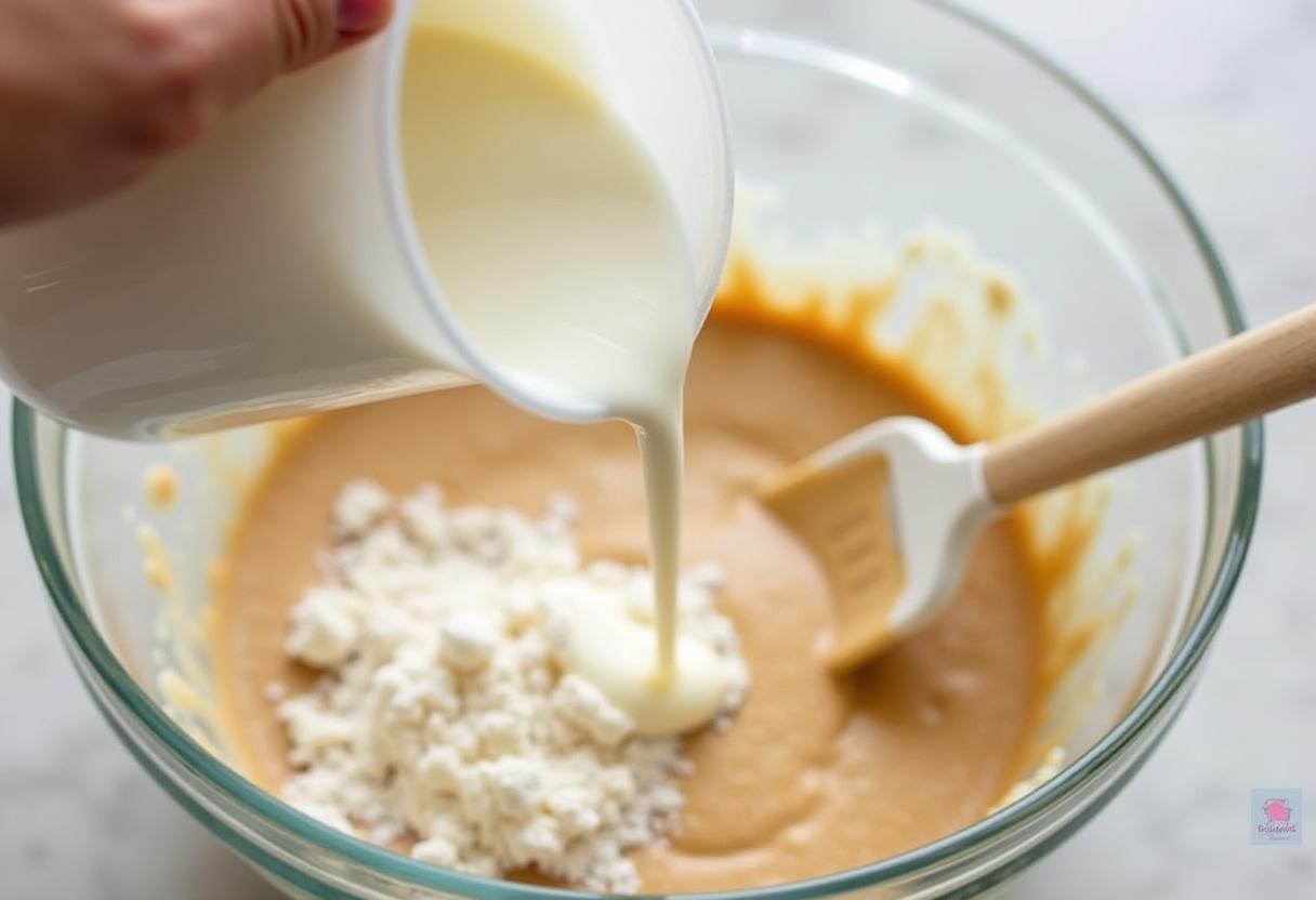 Almond milk being added to almond flour pancake batter for a creamy consistency.