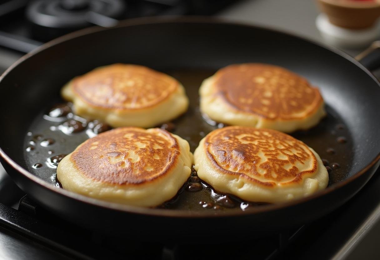 Almond flour pancakes cooking on a skillet, with bubbles indicating they're ready to flip.