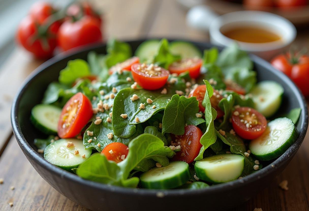 Healthy salad with homemade apple cider vinegar dressing.