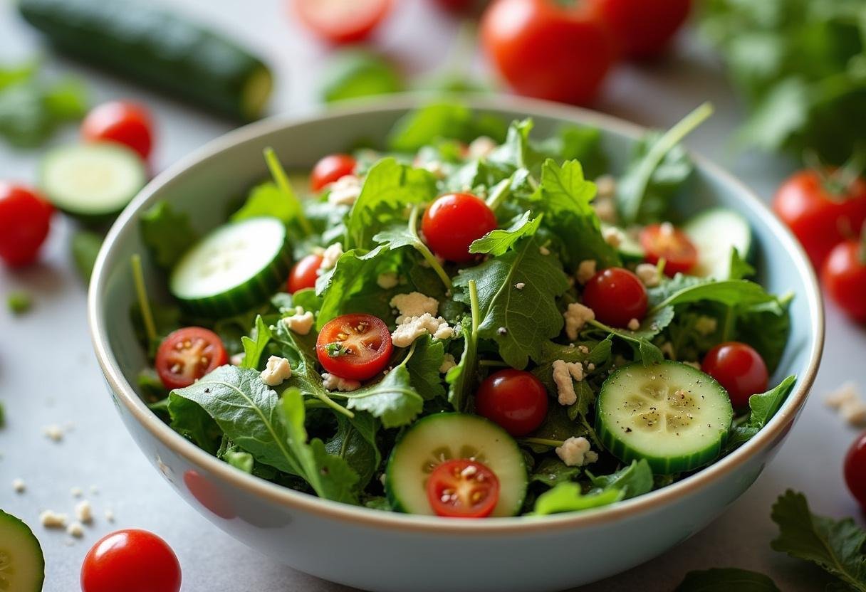 Healthy salad with homemade apple cider vinegar dressing.
