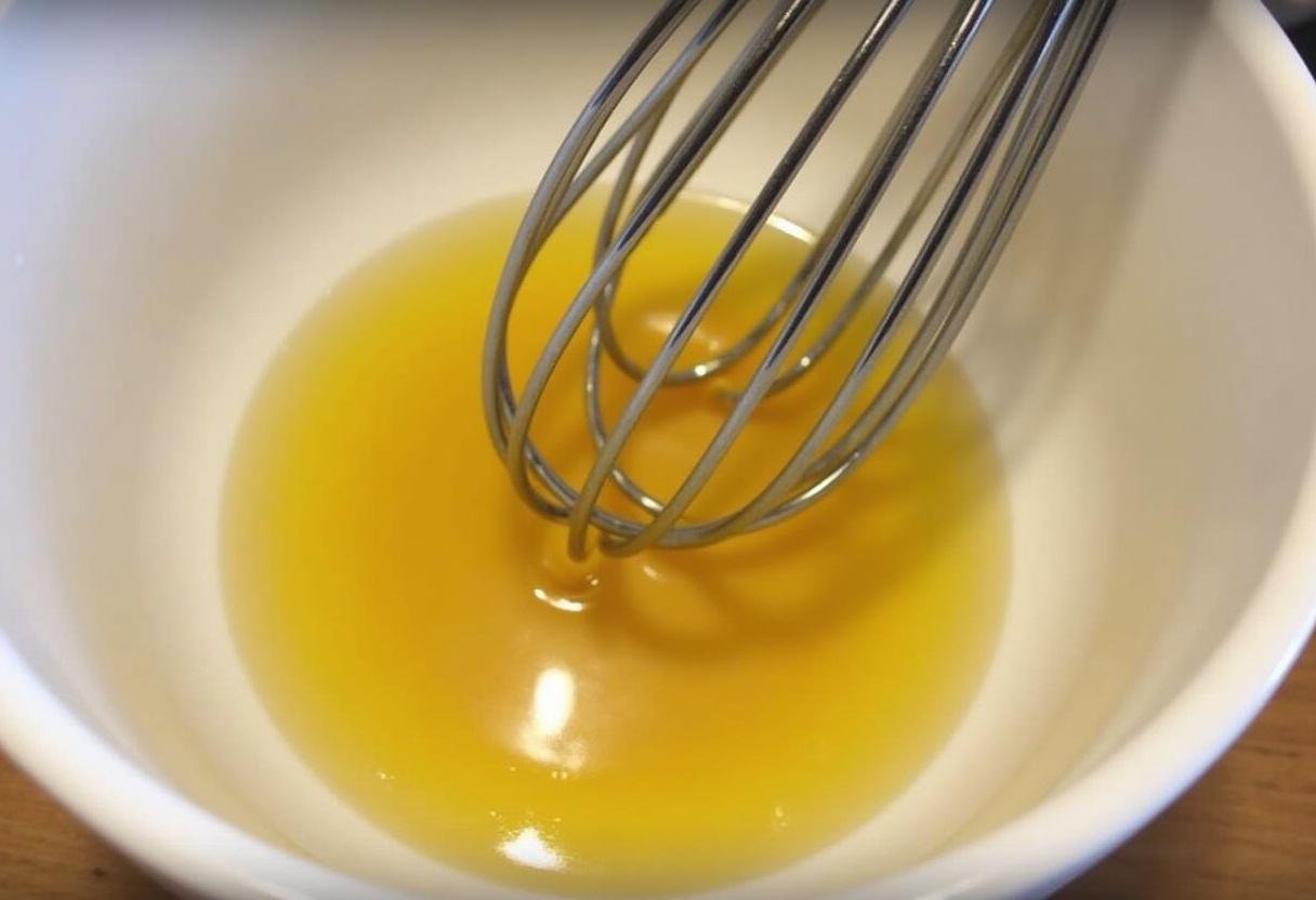 Whisking apple cider vinegar, olive oil, and honey for dressing.