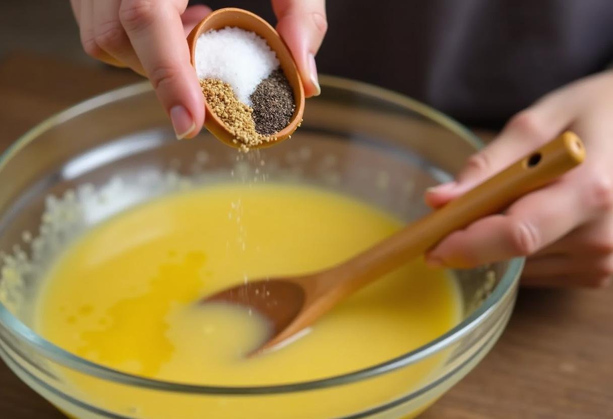 Seasoning apple cider vinegar dressing with salt and pepper.