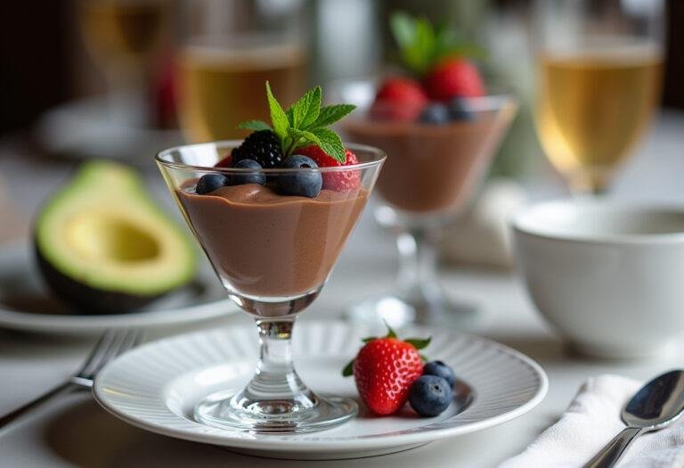 Delicious avocado chocolate mousse served in elegant glasses, perfect for a healthy dessert option.