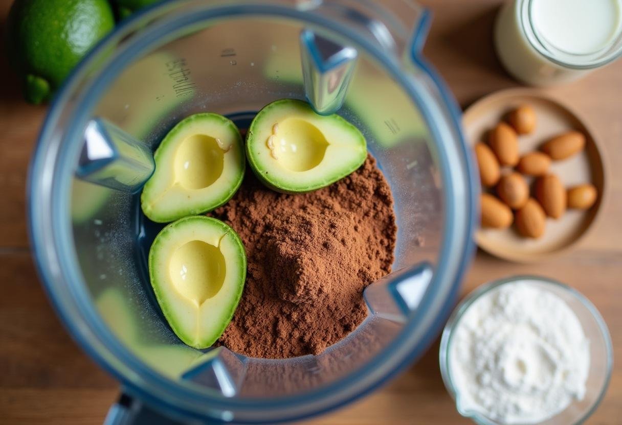 Ingredients for avocado chocolate mousse in a blender, showcasing a healthy dessert preparation.