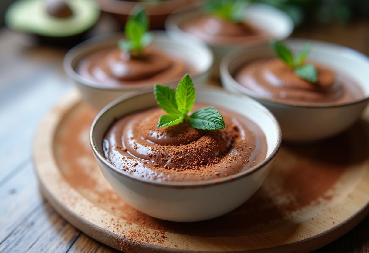 Serving bowls filled with rich avocado chocolate mousse, ready for serving and enjoyment.