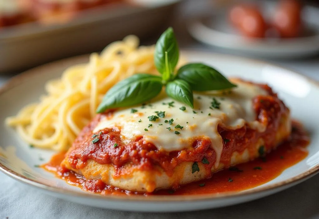 Finished Baked Chicken Parmesan served with spaghetti, garnished for a delightful dining experience.