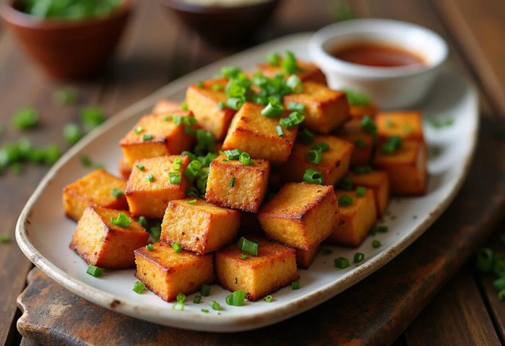 Finished baked crispy tofu served with garnishes and dipping sauce, a delicious and healthy dish.