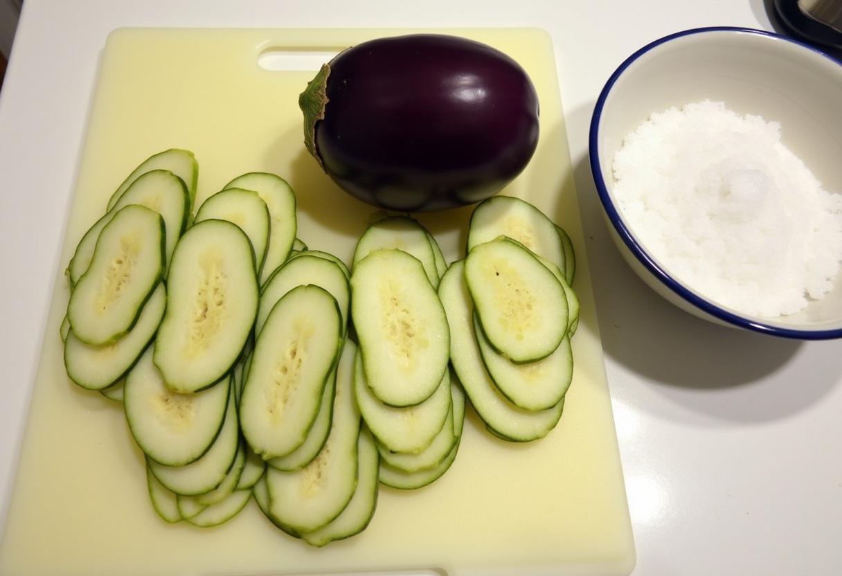 Sliced eggplant on a cutting board for preparing Baked Eggplant Parmesan.