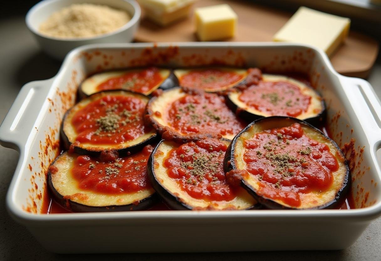Layering eggplant with marinara sauce and breadcrumbs for Baked Eggplant Parmesan.