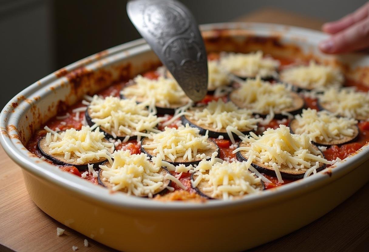Grated cheese being added to the layers of eggplant and sauce for Eggplant Parmesan.