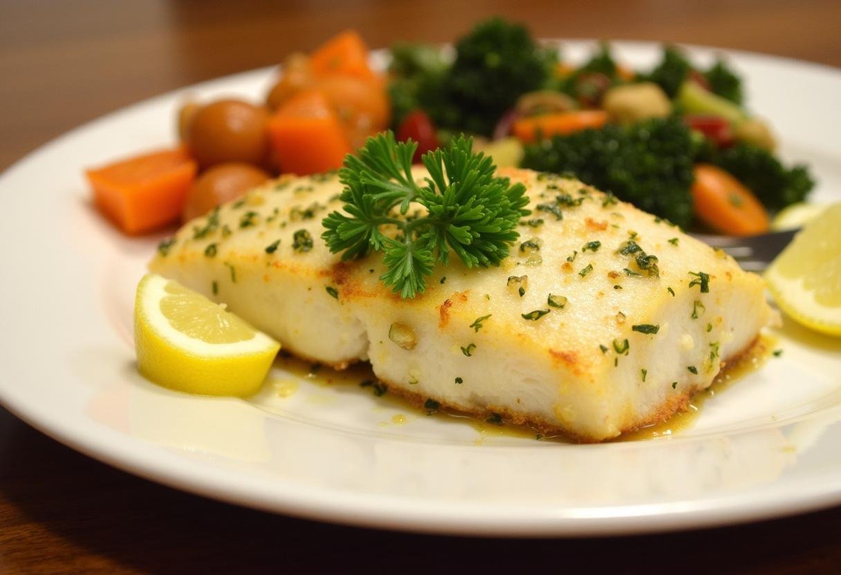 Delicious Baked Lemon Herb Cod served with vegetables, perfect for a healthy meal.