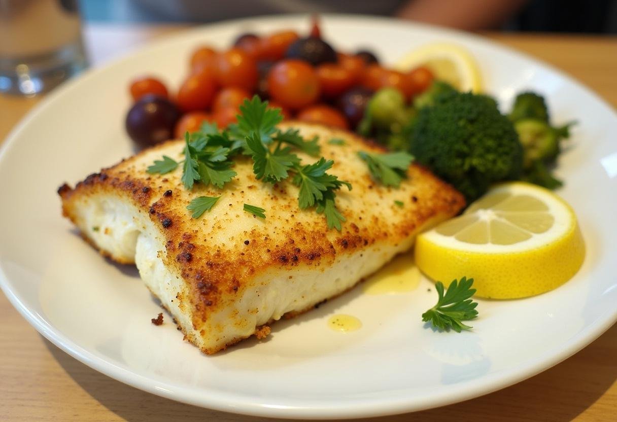 Delicious Baked Lemon Herb Cod served with vegetables, perfect for a healthy meal.