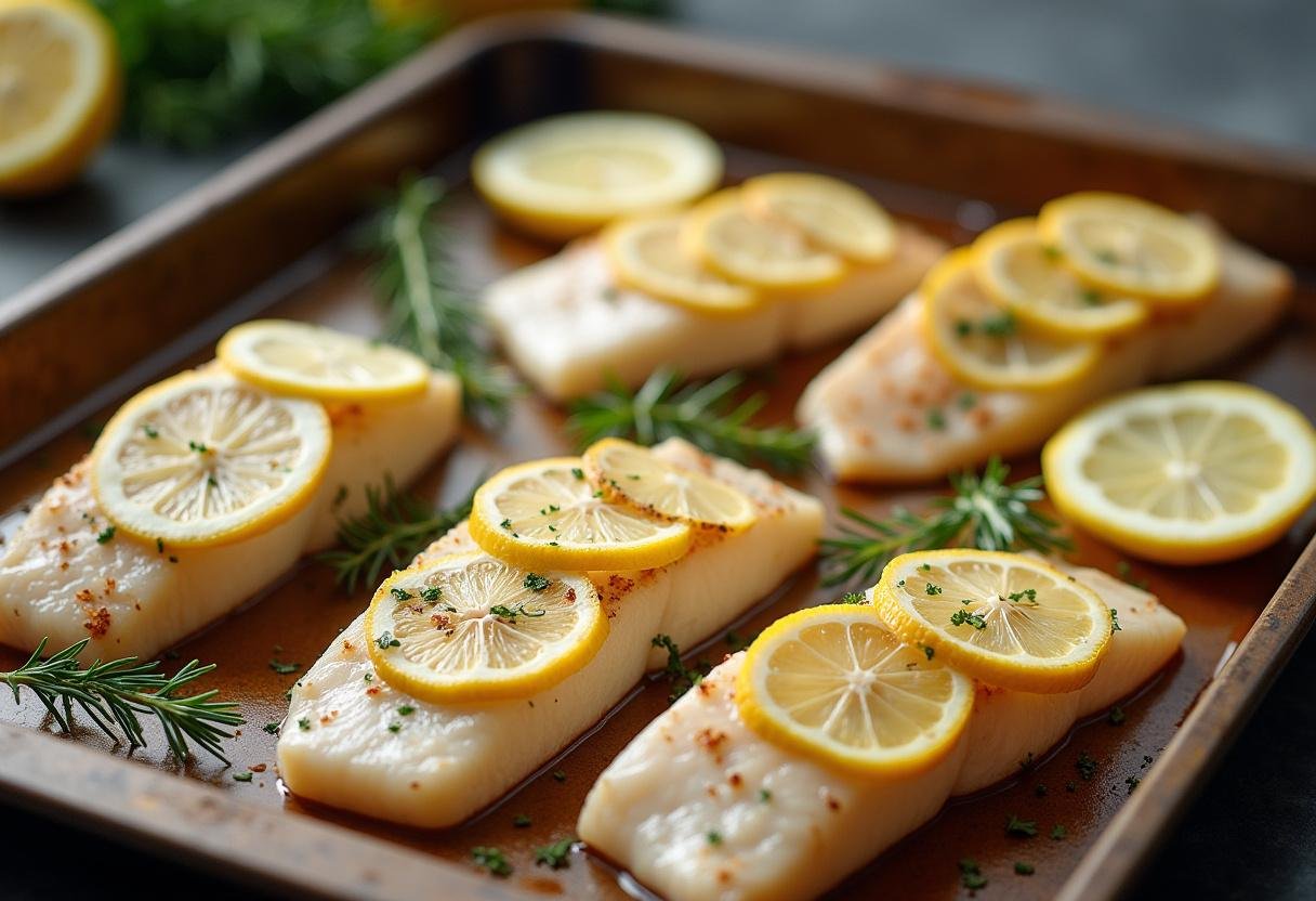 Fresh cod fillets prepared for Baked Lemon Herb Cod with lemon and herbs.