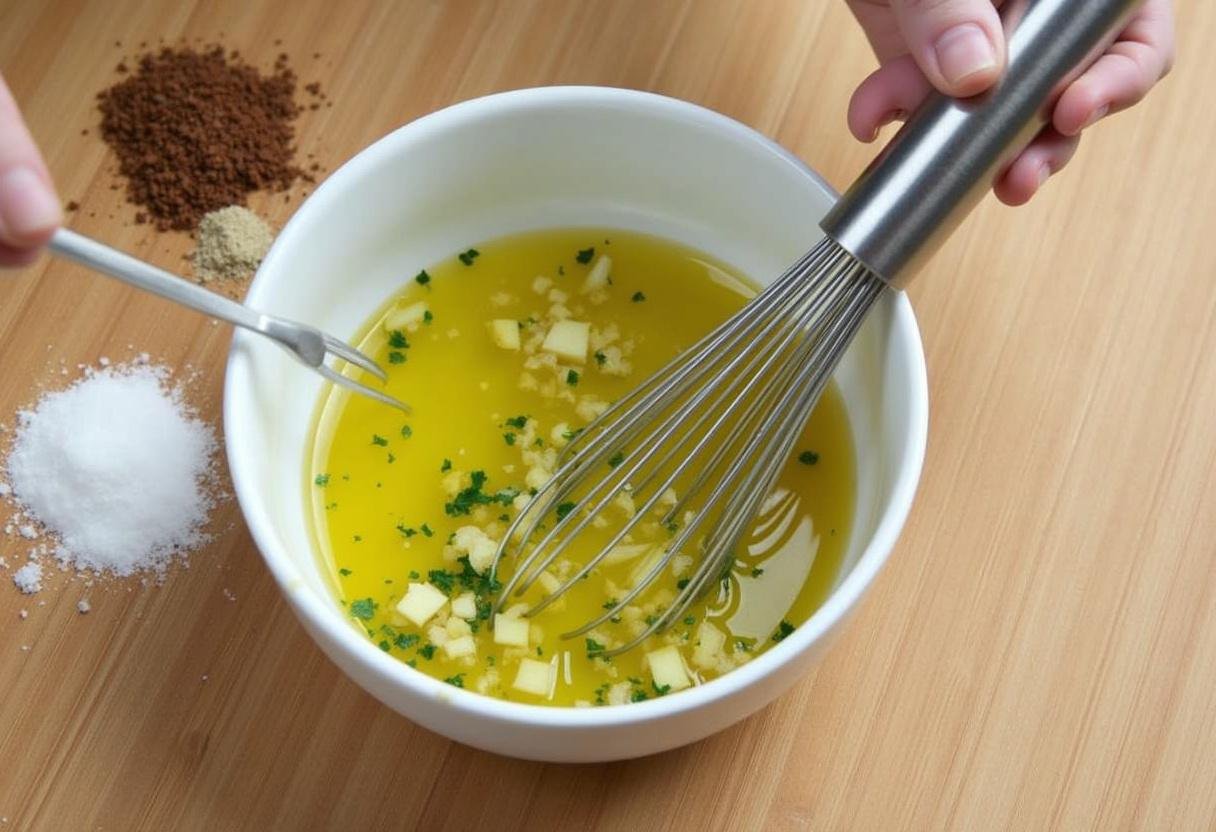 Mixing olive oil, garlic, and herbs for Baked Lemon Herb Cod marinade.