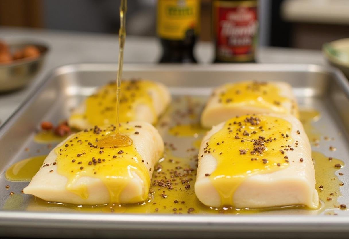 Olive oil and herb mixture drizzled over cod fillets for Baked Lemon Herb Cod.