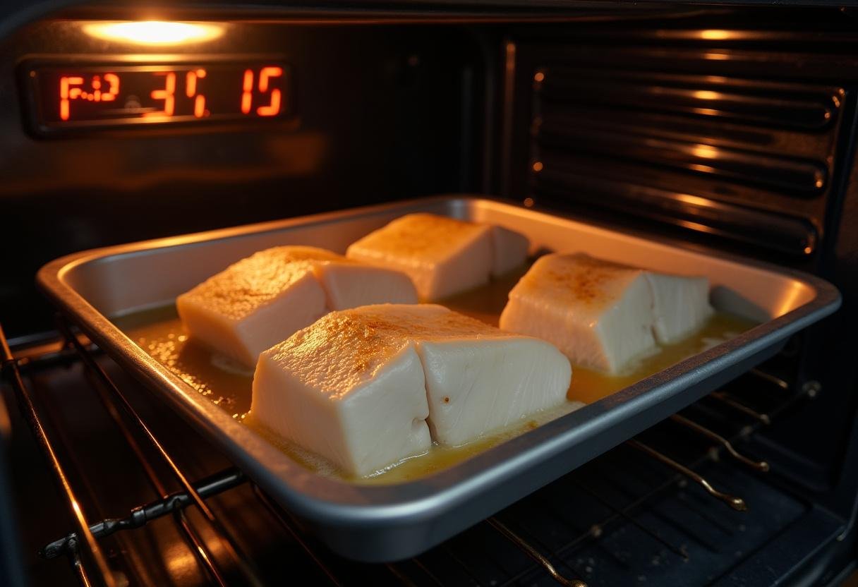 Baking tray with cod fillets being placed in the oven for Baked Lemon Herb Cod.