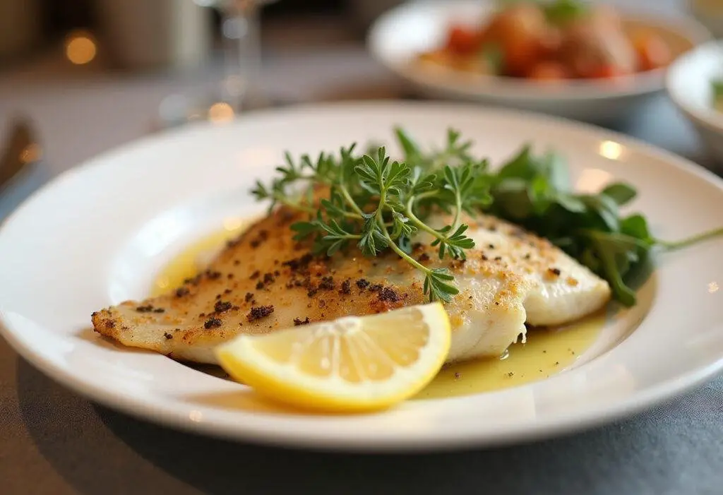 Finished Baked Lemon Herb Tilapia plate garnished with herbs and lemon, ready to be enjoyed.