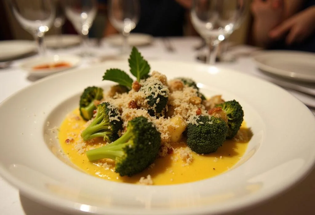 Finished Baked Parmesan Broccoli, perfectly baked with cheese, ready to serve.