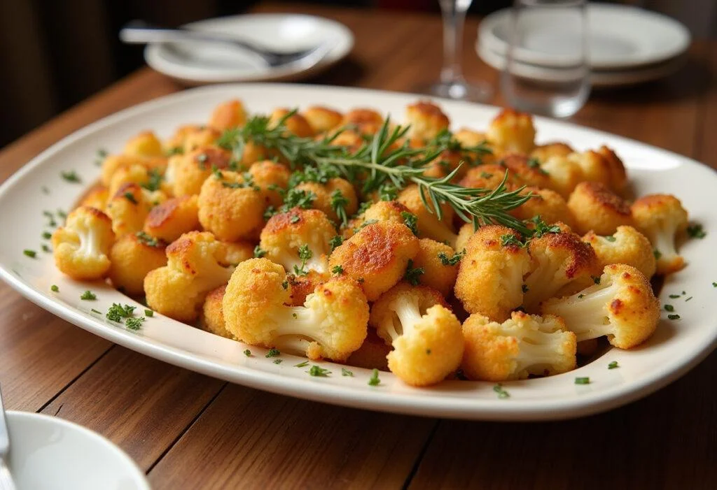 Deliciously baked Parmesan Cauliflower served on a platter, ideal for a healthy meal.