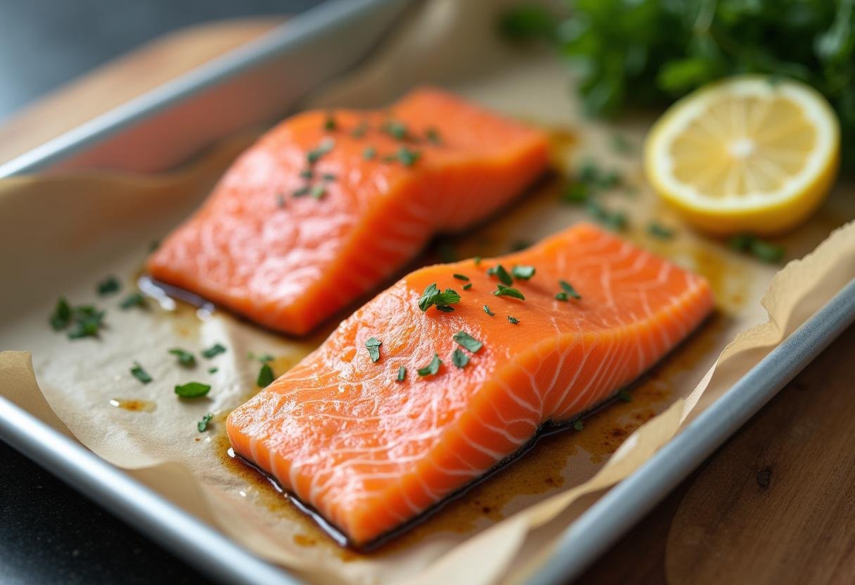 Fresh salmon fillet on a baking sheet ready for baking with lemon and herbs.