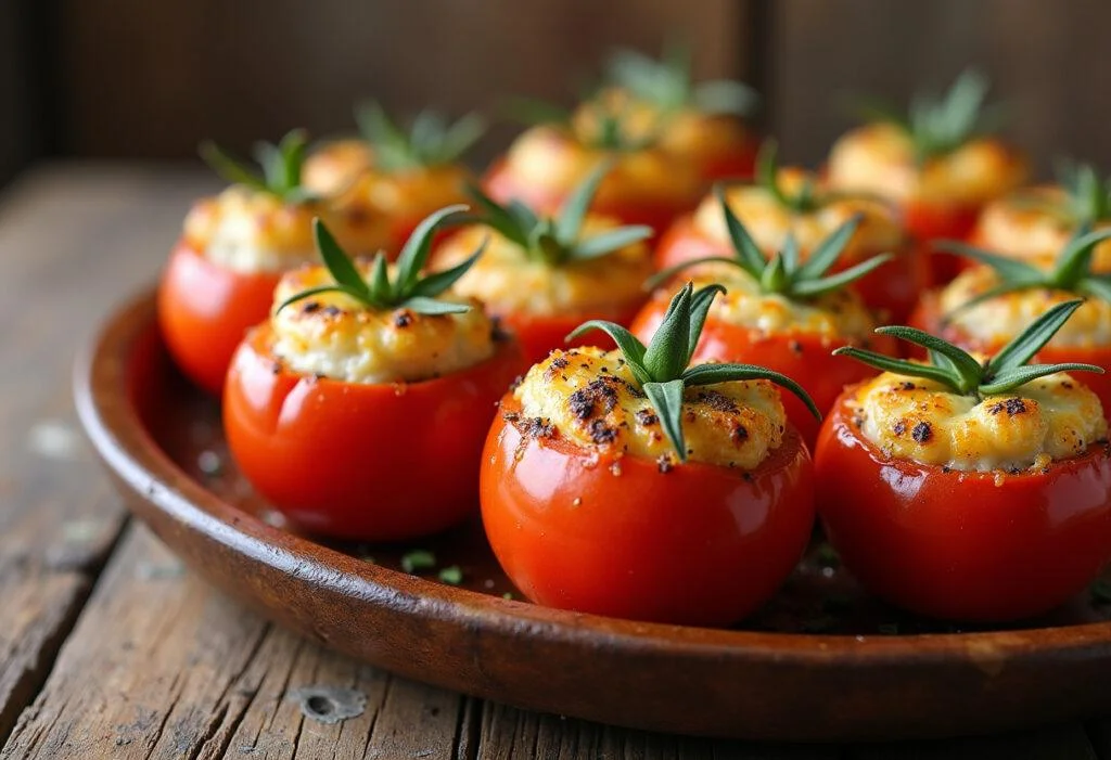 Finished Baked Stuffed Tomatoes, golden and delicious, perfect for a healthy meal.