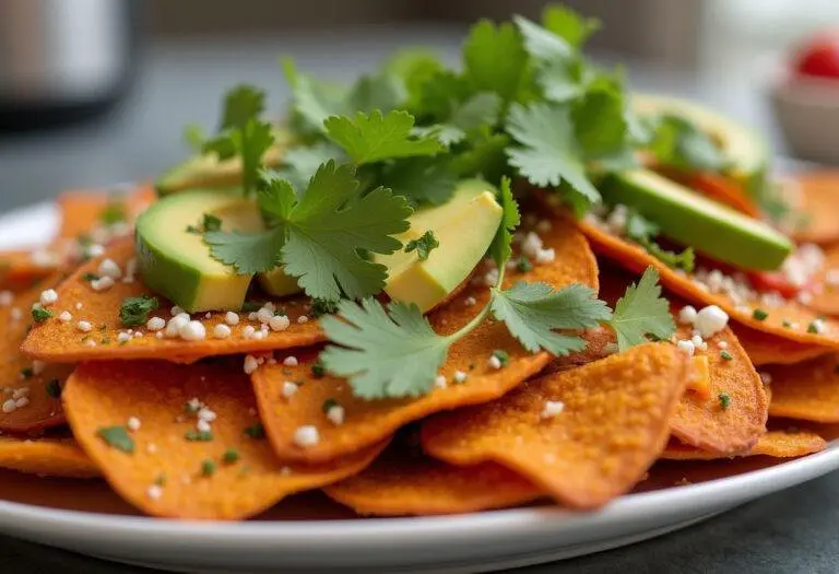Delicious Baked Sweet Potato Nachos served with toppings, perfect for sharing.