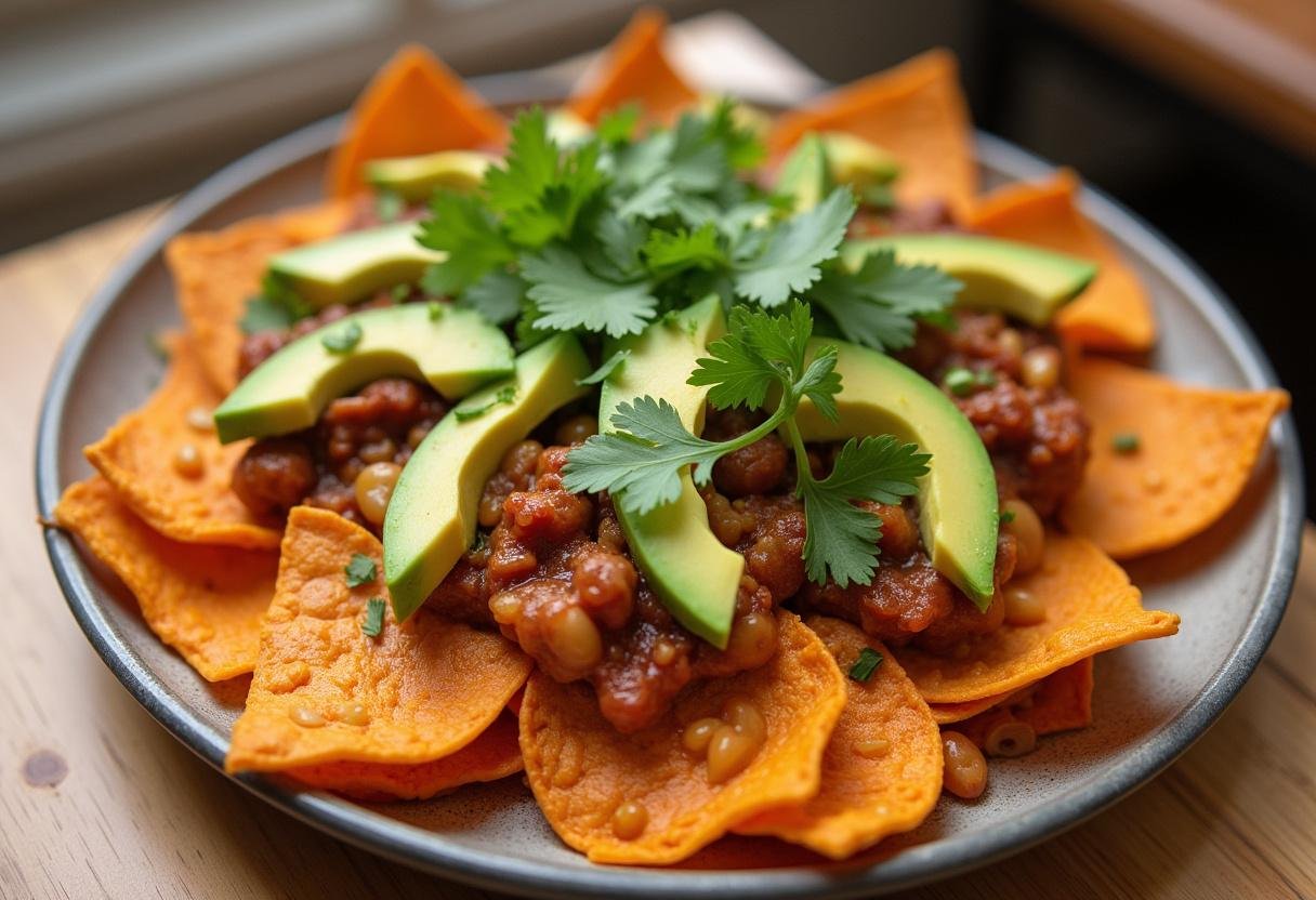 Delicious Baked Sweet Potato Nachos served with toppings, perfect for sharing.