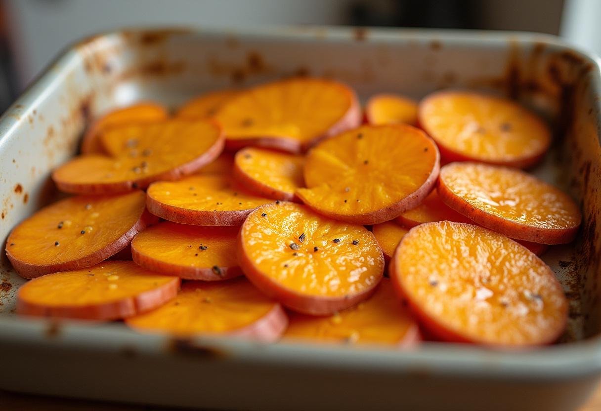 Sliced sweet potatoes prepared and seasoned for Baked Sweet Potato Nachos.