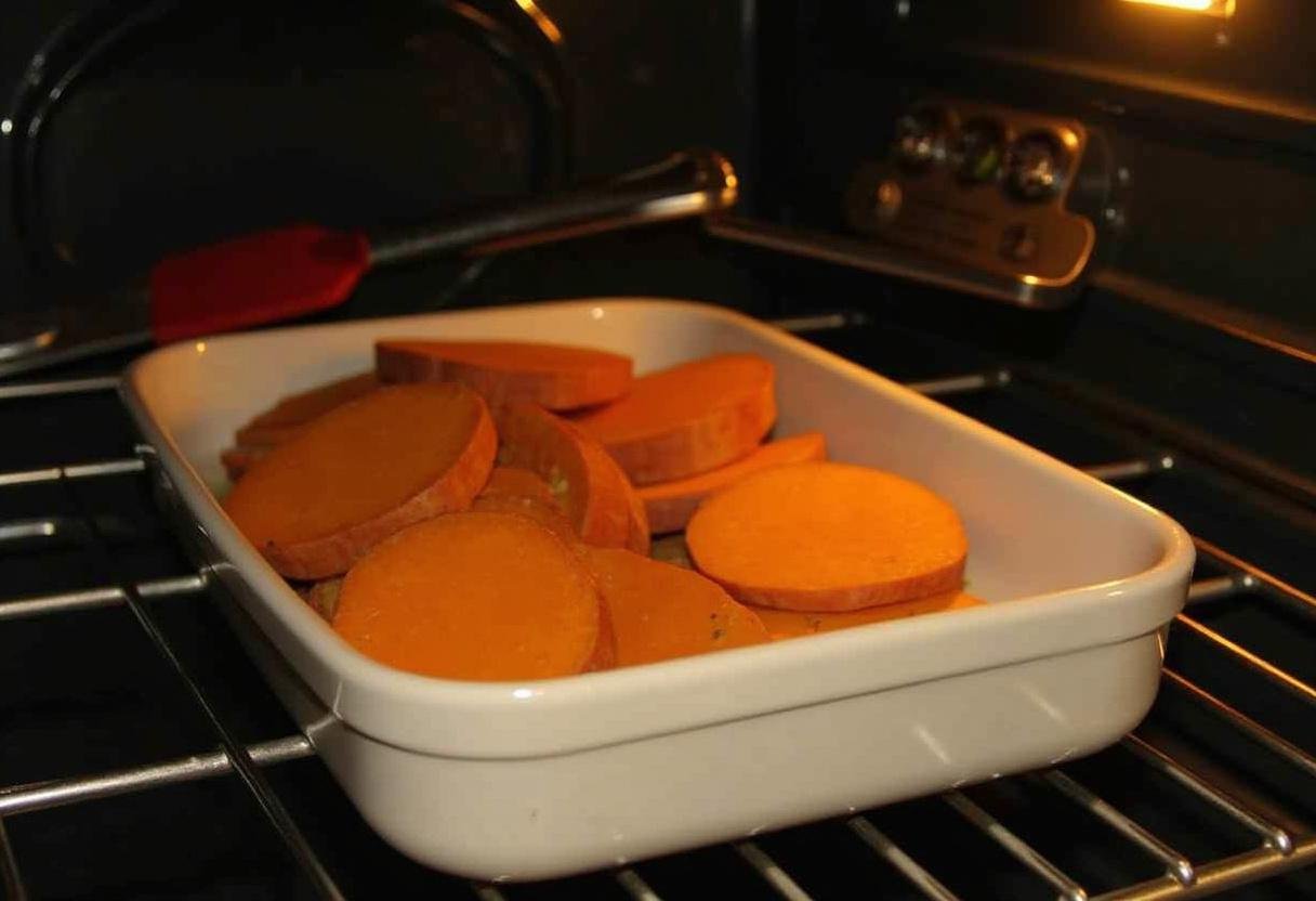 Sweet potatoes being baked in the oven for Baked Sweet Potato Nachos recipe.