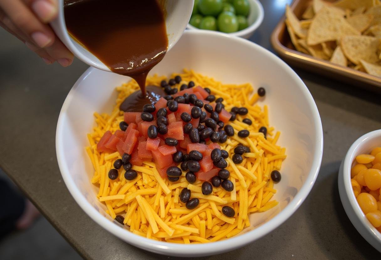 Mixing nacho toppings like cheese and black beans for Baked Sweet Potato Nachos.