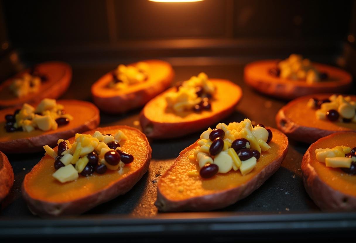 Topping baked sweet potatoes with cheese and beans for flavorful Baked Sweet Potato Nachos.