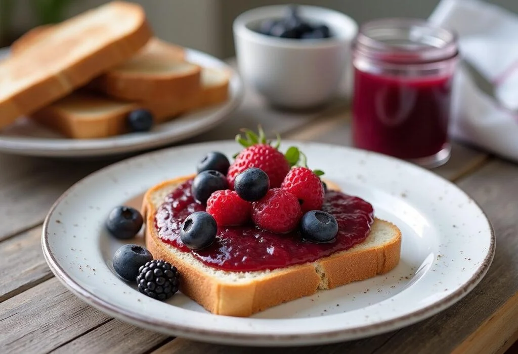 Delicious toast topped with Berry Chia Jam and fresh berries, perfect for a delightful breakfast.